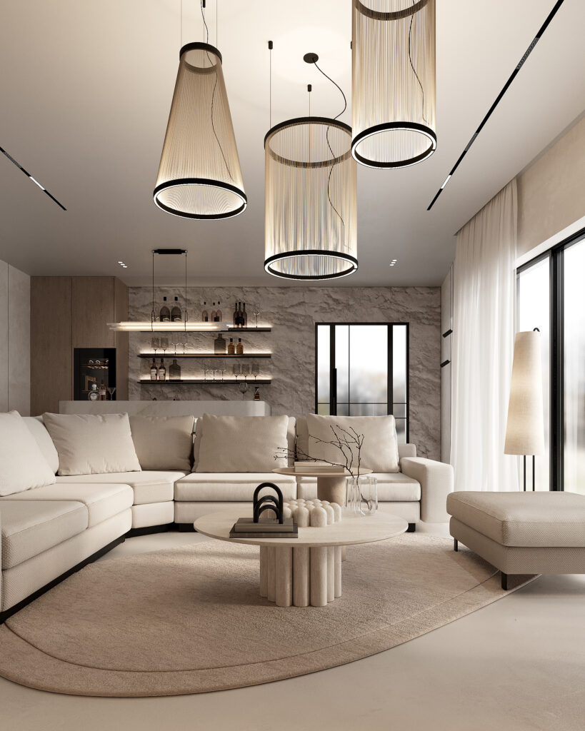 home spa, nowoczesny salon, vibia, mikrocement